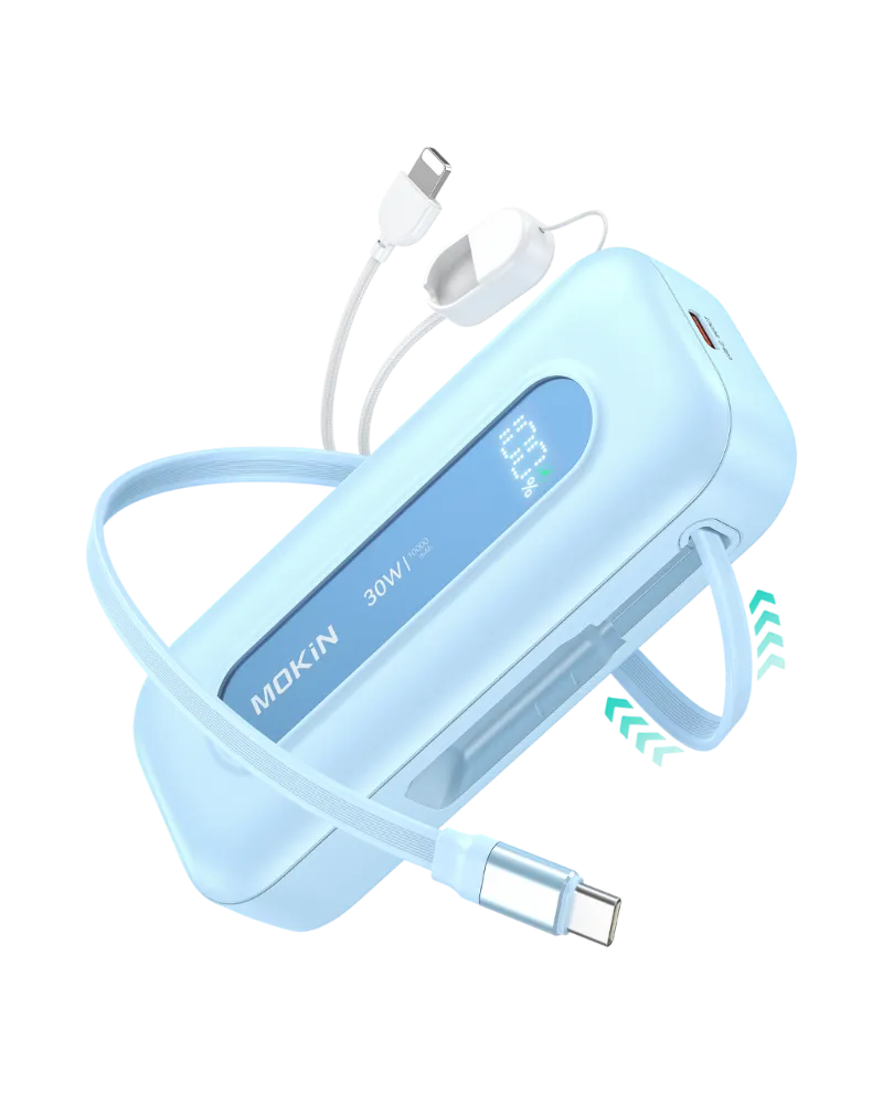 MOKiN 30W Portable Power Bank with 24 inch Retractable USB-C Cables showing retracted and extended cable states