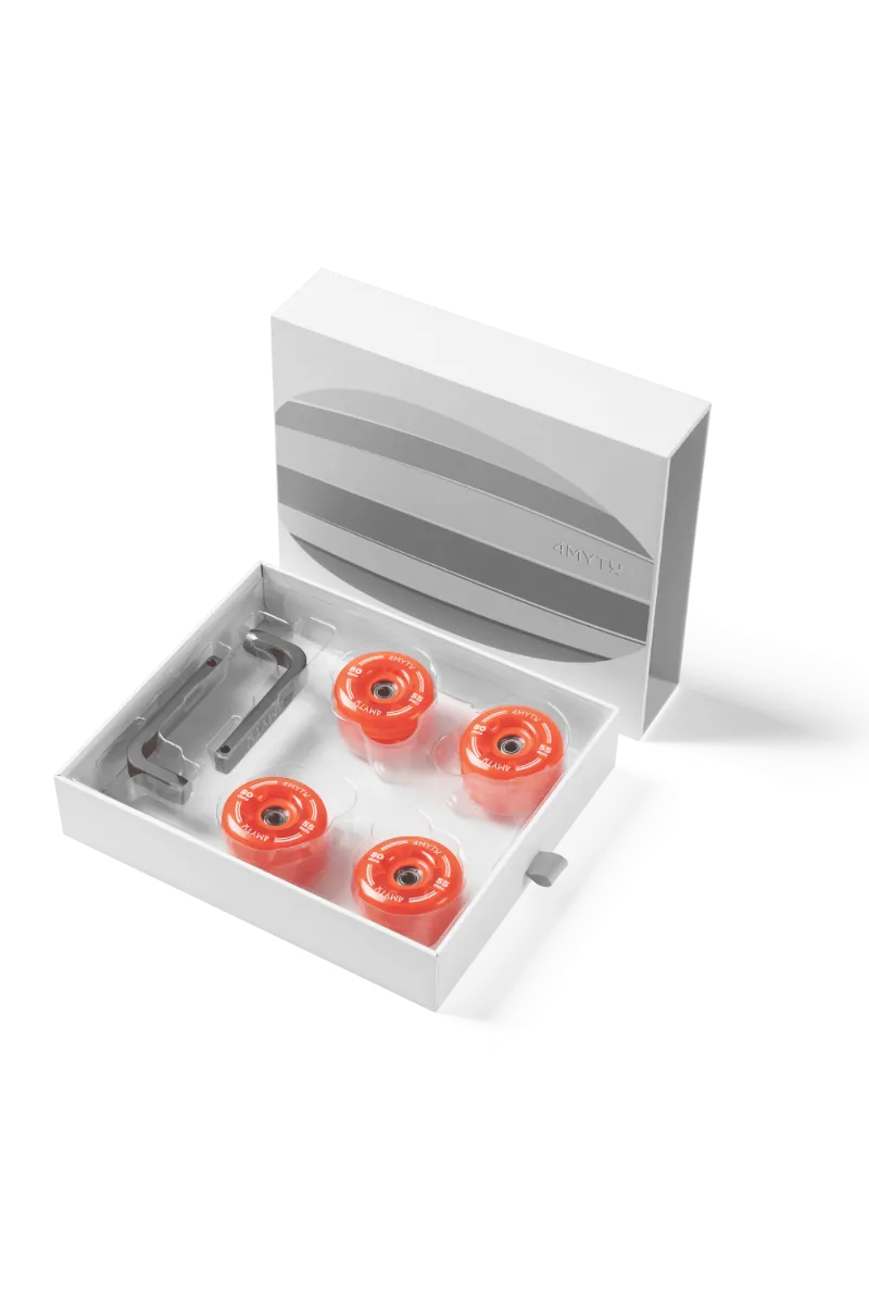 4MYTU Palette Wheels in Sunset Orange showing orange replacement luggage wheels