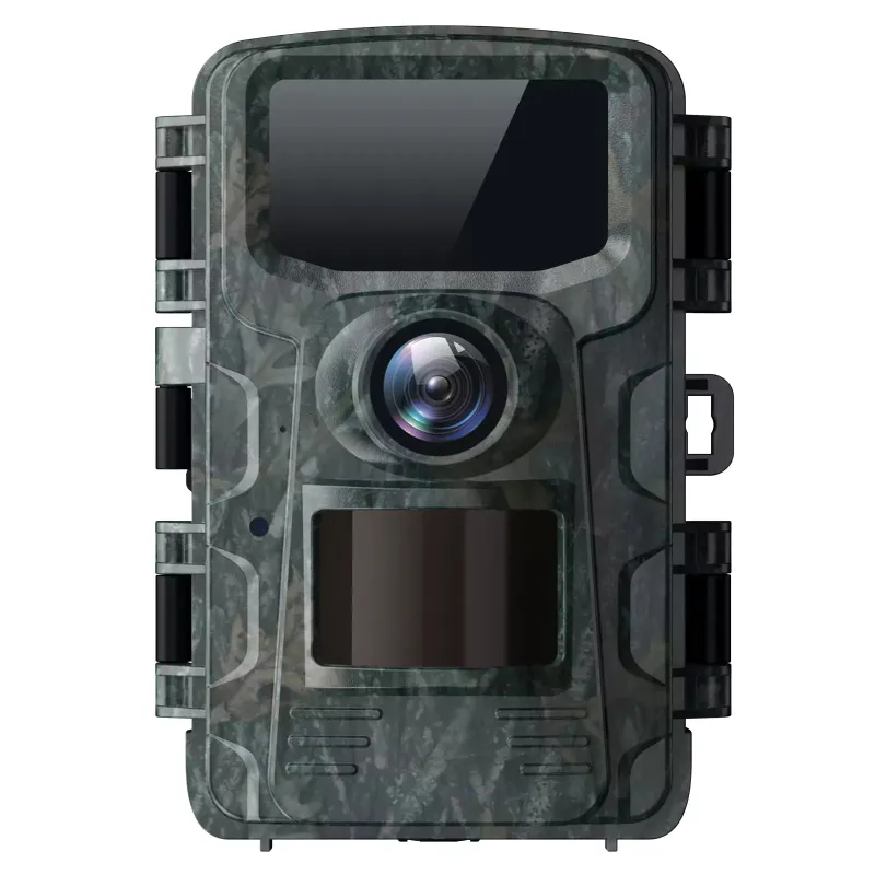 Voopeak TC24 solar trail camera mounted on tree showing 4K lens and night vision sensor