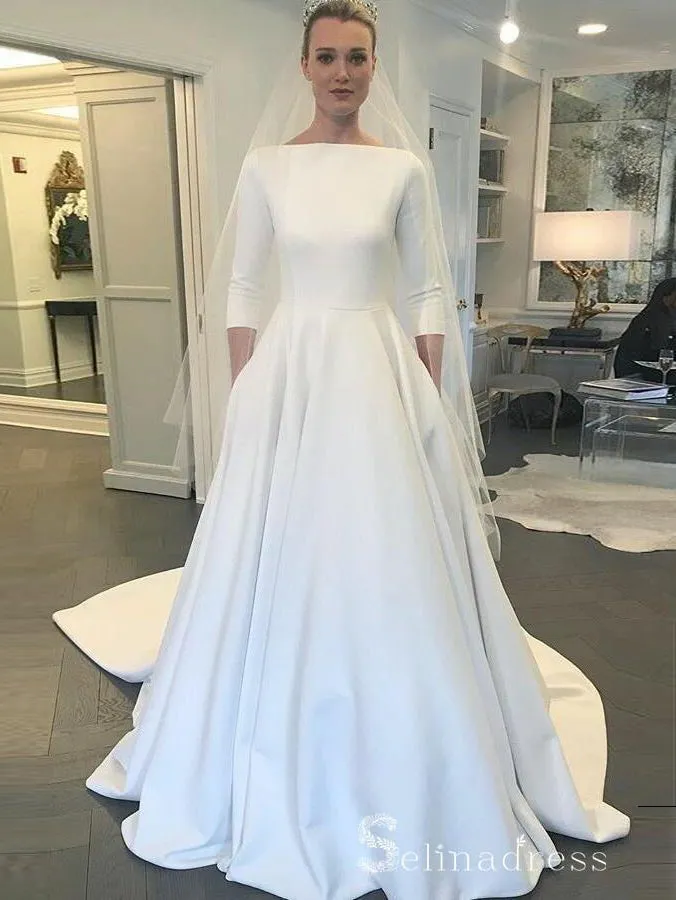 Selinadress A-line 3/4 Sleeve Bateau Wedding Dresses White Satin Princess Wedding Dress in white
