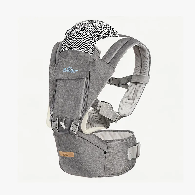 Bearforbaby Bear 6-in-1 Ergonomic Baby Carrier with Hip Seat, gray carrier shown on parent's torso