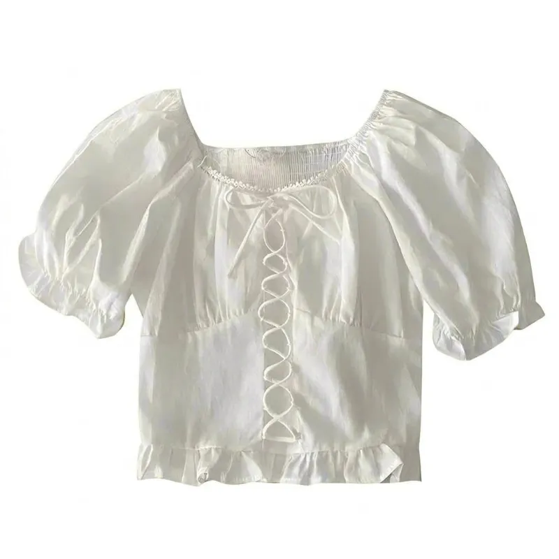 Cottagecore Clothes Cottagecore Ribbon Lace Puff Sleeve Crop Top, white cropped blouse with ribbon lacing and puff sleeves
