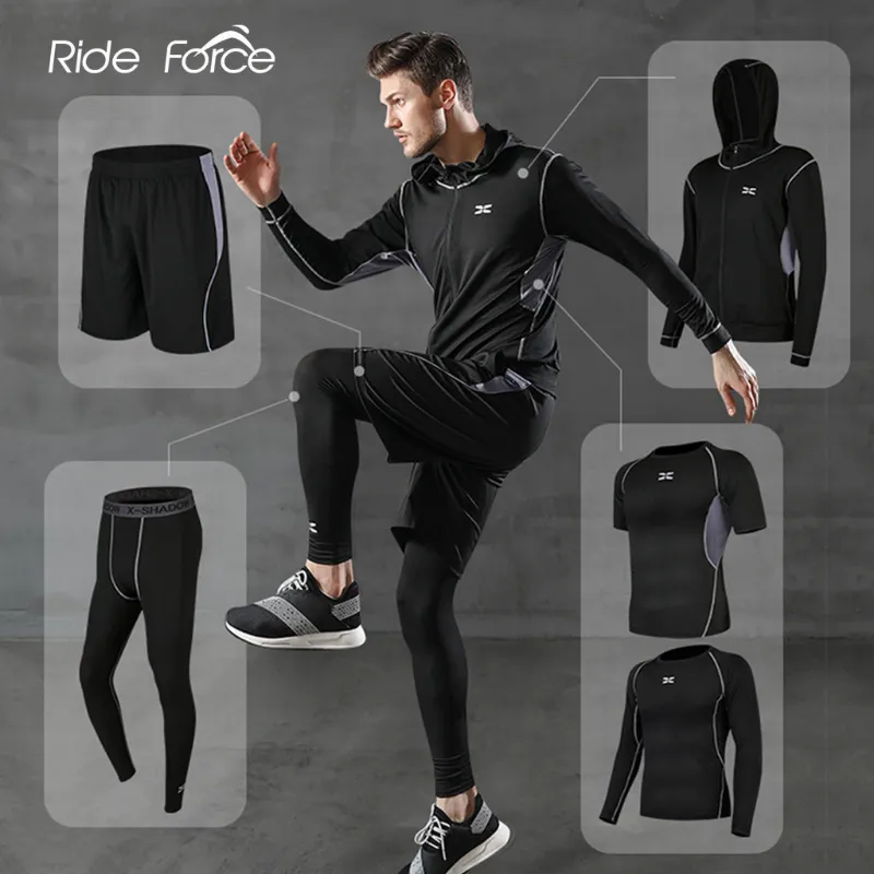 PUPU Sports Men's 5-Piece Compression Tracksuit Set with hooded jacket, pants, shorts, and shirt laid flat