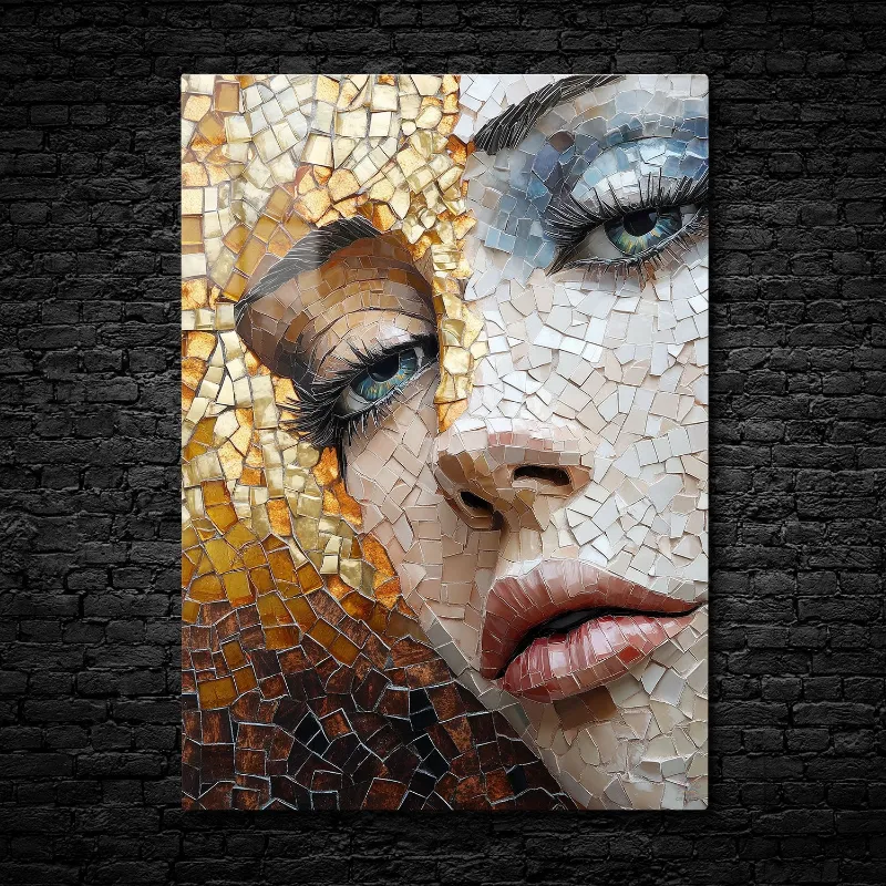 CruArt Ethereal Mosaic Beauty metal print with woman's face in gold bronze and blue mosaic tiles