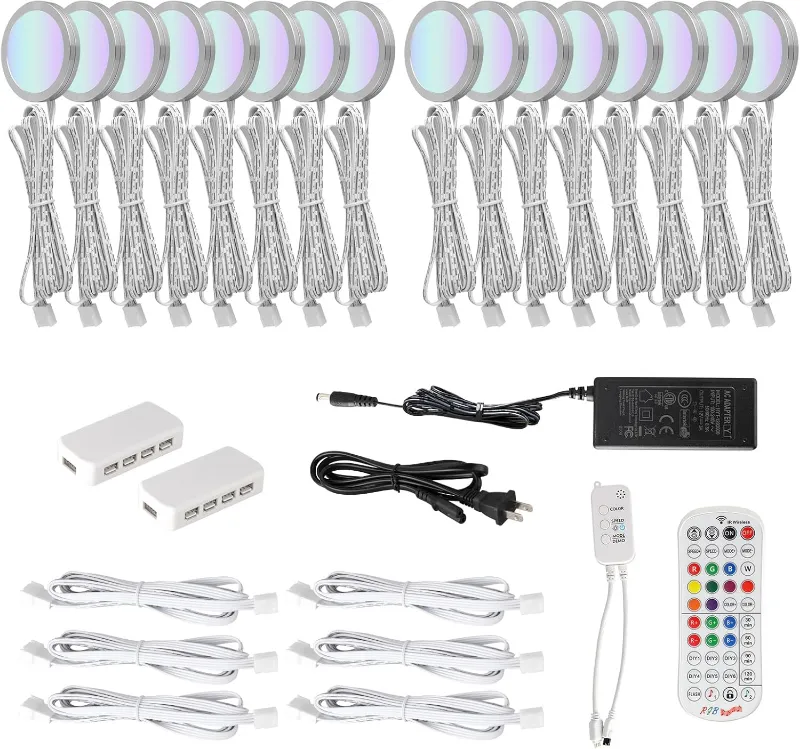 AIBOO 16 Pack RGB Puck Lights with Multiple Colors and Music Sync Dimmable Under Cabinet Lights