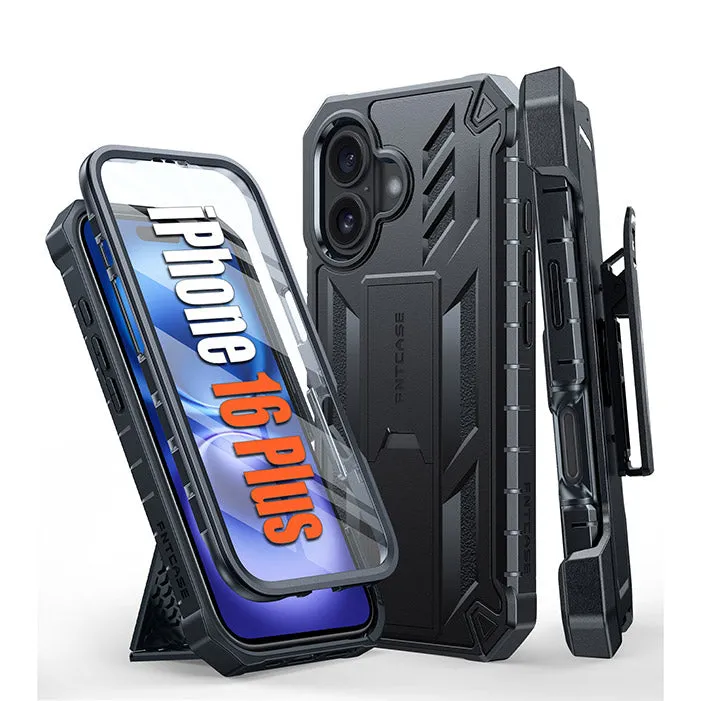 FNTCASE OFFICIAL iPhone 16 Plus rugged protective case with belt clip holster and kickstand attachment
