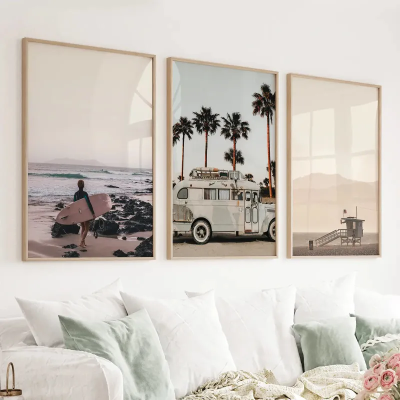 Wall Art Set Beige Surfing Wall Art Set. Surfer, Ocean, Bus, Lifeguard - coastal life scenes