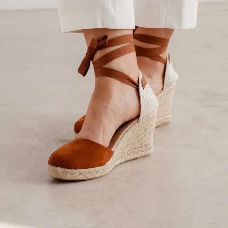 BIANKINA Galera Vegan Suede Espadrille Wedges in Caramel with lace-up ties