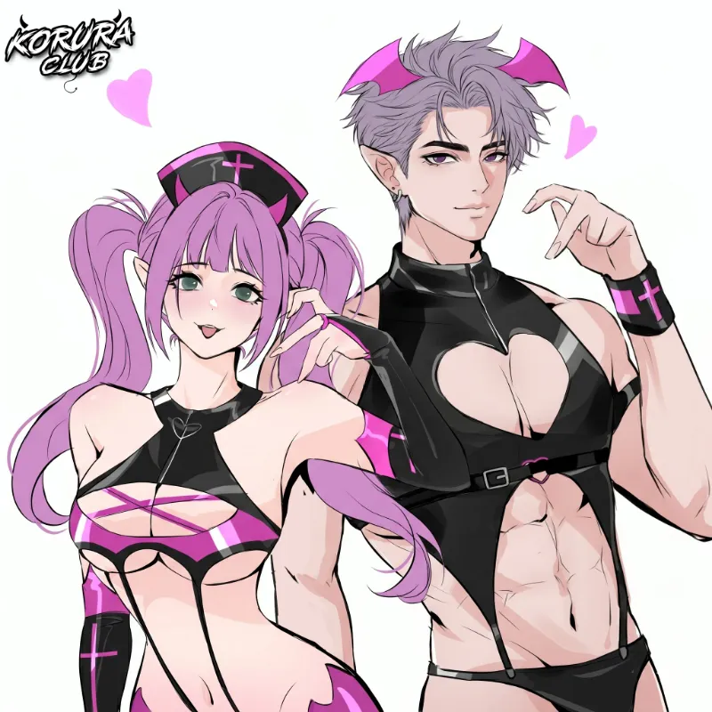 Koruraclub Devil Couple Cosplay Costume CP05 in black and rose red PU leather with wings