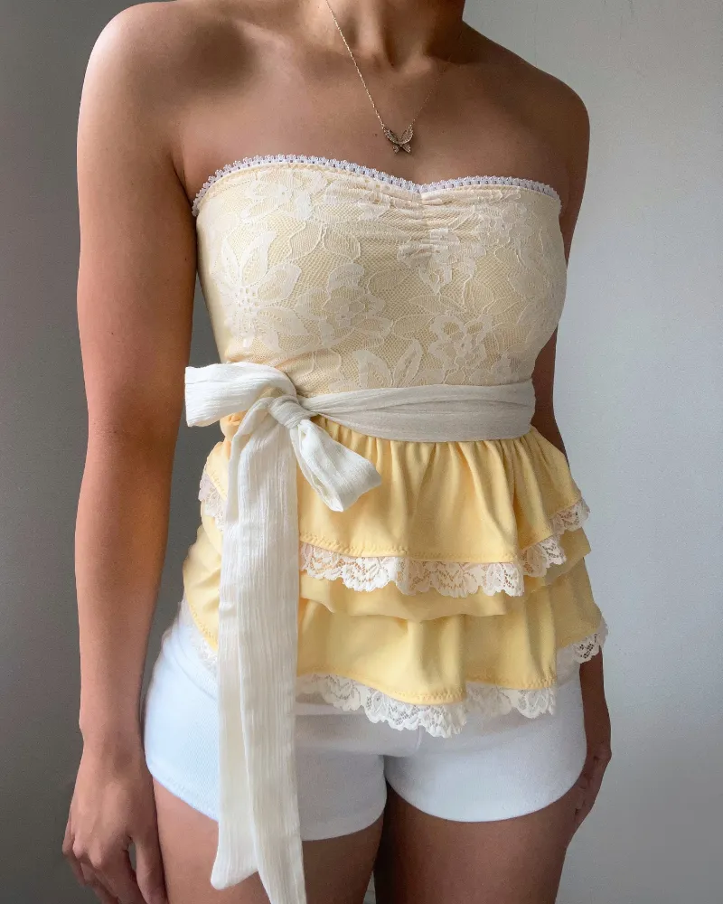 Bit By Angie Butter yellow & lace ruffle tube top with chiffon belt size XS