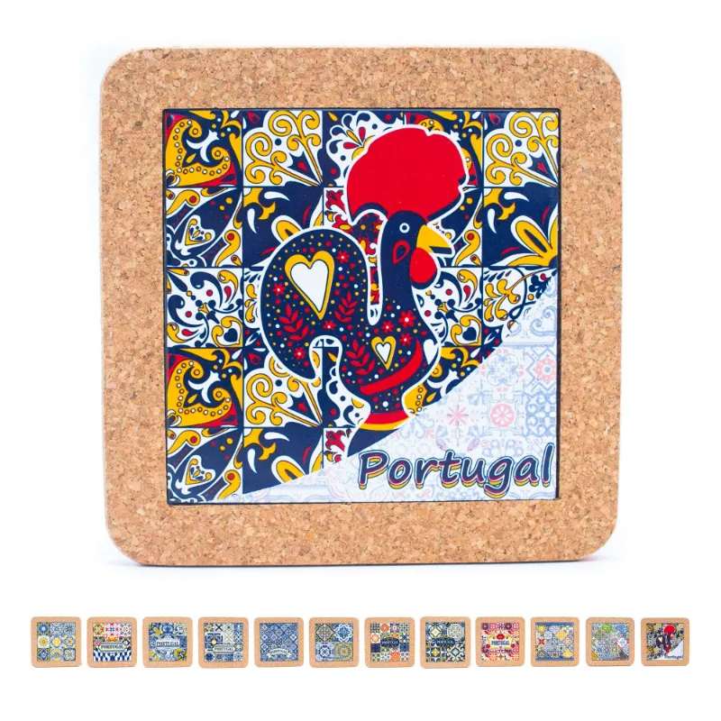 Corkadia ceramic Portuguese cork coasters, five Azulejo design coasters with cork bases