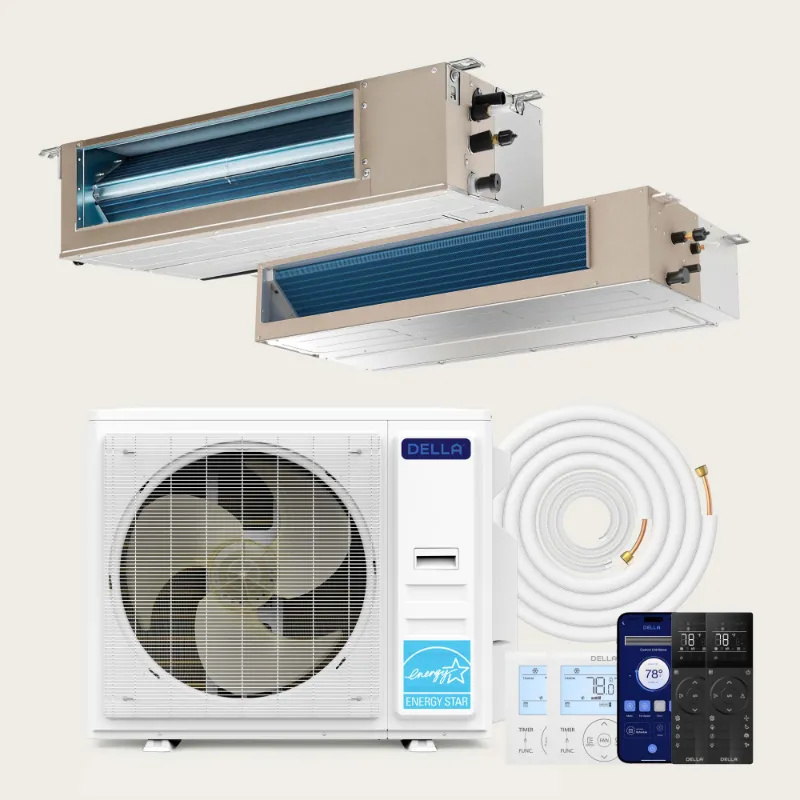 Della Home 34000 BTU dual zone concealed ducted mini split heat pump with 11K and 22K BTU units