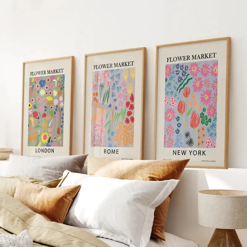 Wall Art Set Boho Flower Market Set of 3 Posters showing Rome, London, and New York flower market scenes