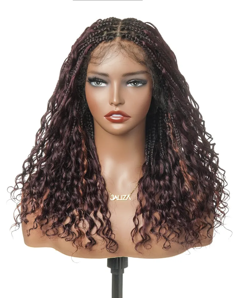 Jaliza Dark Burgundy 99J Pre Bleached HD Full Lace Human Hair Boho Curls Boho Box Braided Wig with 100 strands