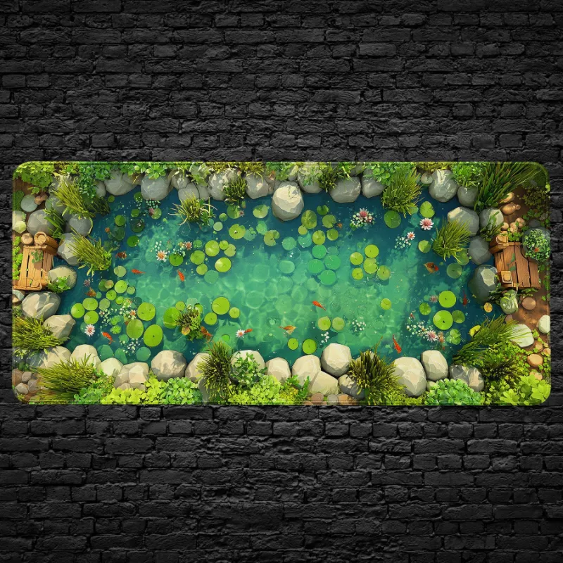 CruArt Koi Pond Desk Mat, zen garden with water lilies, koi fish, and decorative rocks
