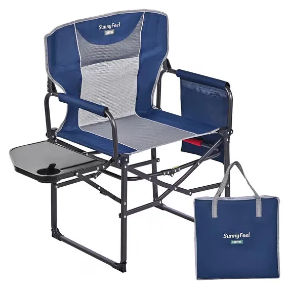SunnyFeel Outdoor Sunnyfeel Folding Camping Chair with Side Table, blue mesh with cup holder