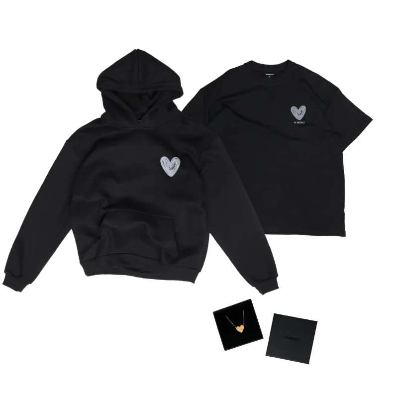 Nimodo Resilient Heart Bundle with hoodie, tee, and gold heart necklace set