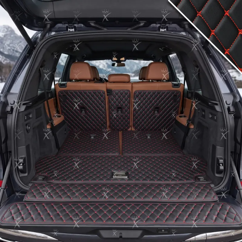 Luxus Car Mats Diamond XtendFit Trunk Mat in Black & Red Stitching showing diamond-stitched cargo liner