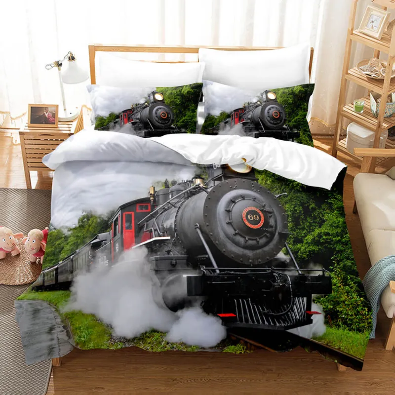 EBuycos 3 Piece Steam Engine Vintage Locomotive Bedding Set showing printed duvet cover with retro train design
