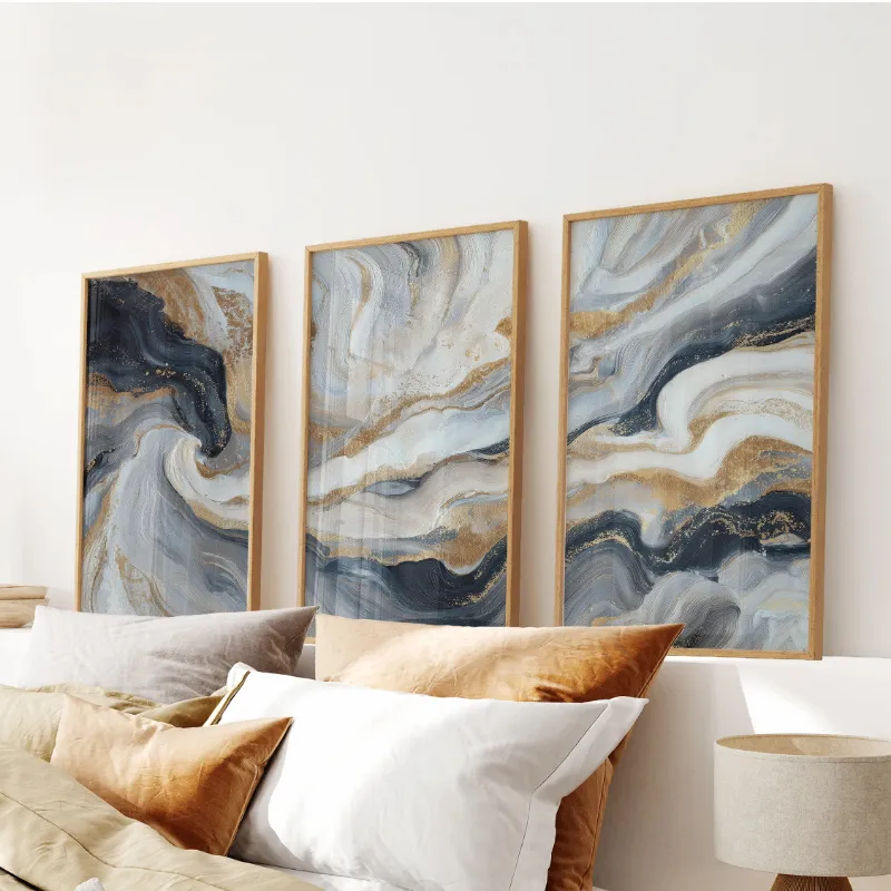 Wall Art Set 3 Piece Modern Abstract Marble Wall Art: Navy Blue and Gold - marble abstract canvas prints