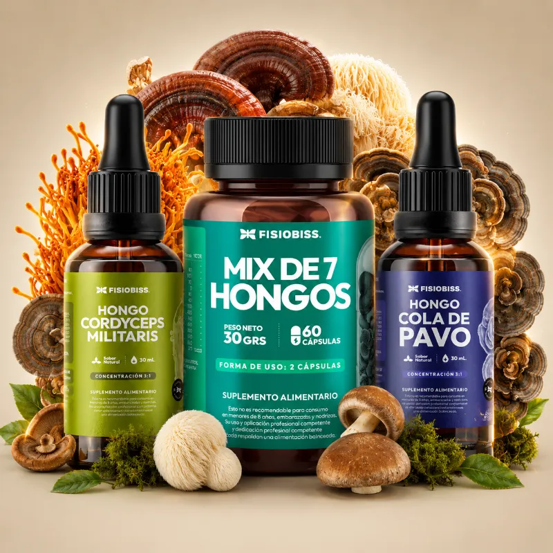 Fisiobiss Vitalidad y Defensas pack with cordyceps, turkey tail, and mushroom capsules