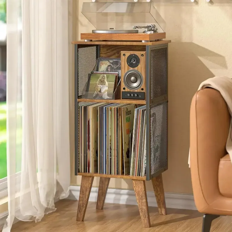 Retrolife 3-Tier Vintage Wood & Metal Vinyl Record Player Stand with rustic brown wood and black metal frame