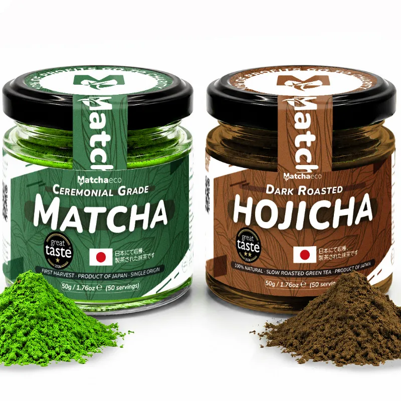 Matchaeco Rise & Unwind set, two 50g jars of matcha and roasted hojicha tea powder