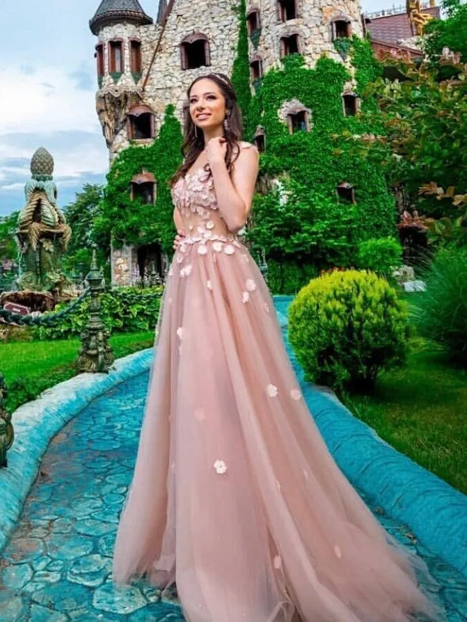 Selinadress A-line Fairytale Pink Floral Wedding Dress with hand-applied flowers and crystals