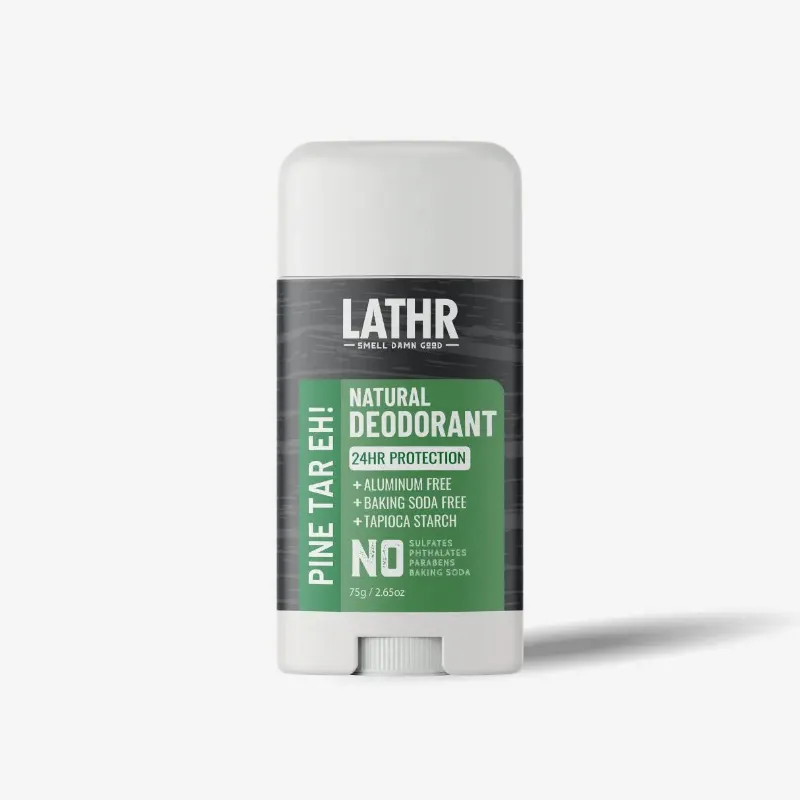 LATHR Natural Deodorant Pine Tar stick with pine and lemon scent