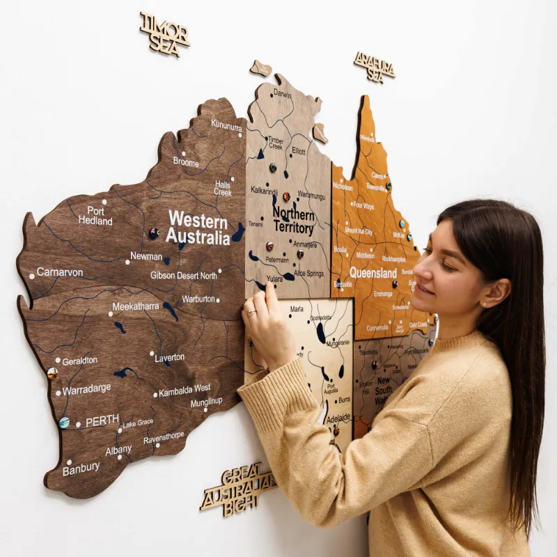 Enjoy The Wood 3D Wooden Map of Australia Multicolor showing layered wood design with multiple stain colors