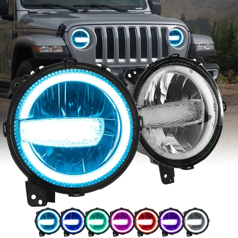 Sunpie 9" Custom RGBW LED Headlights Compatible with Jeep Wrangler JL JLU 4XE JT showing RGBW halo feature