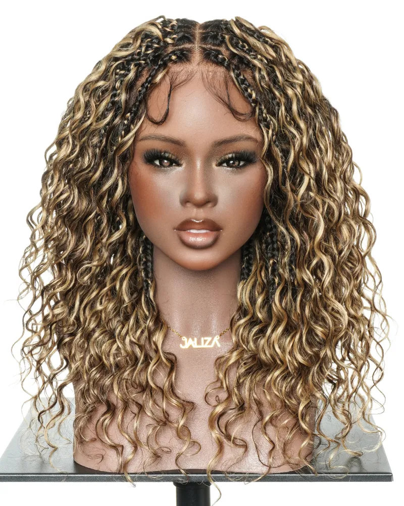 Jaliza Kiki colored 18 inch Swiss HD full lace human hair boho box braided wig with curls