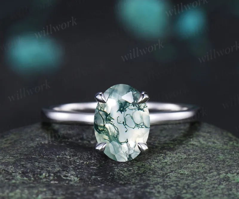 WillWork Jewelry 2ct oval cut natural moss agate engagement ring solitaire minimalist claw prong promise wedding ring gift for her