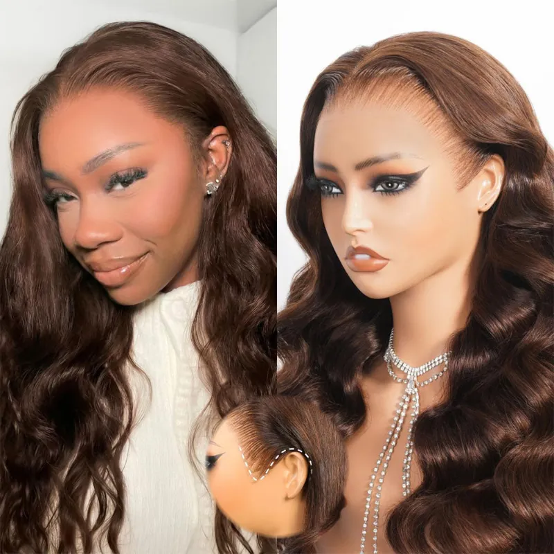Megalook 13x6 Three-Go Chocolate Brown Glueless Wig with body wave texture and pre-plucked hairline