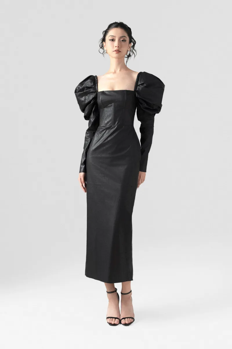 Kalisa Duchess Dramatic Puffed Sleeves Leather Maxi Dress, full-length view