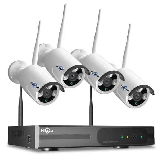 Hiseeu 4-camera wired security system showing NVR unit and white outdoor IP cameras