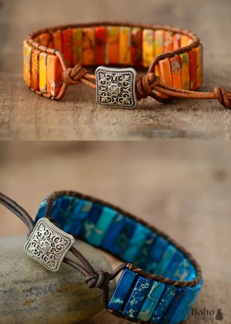 Boho Dress Boho Bracelet, Leather Wrap Bracelet, Tube Natural Stones in blue, orange, green and red