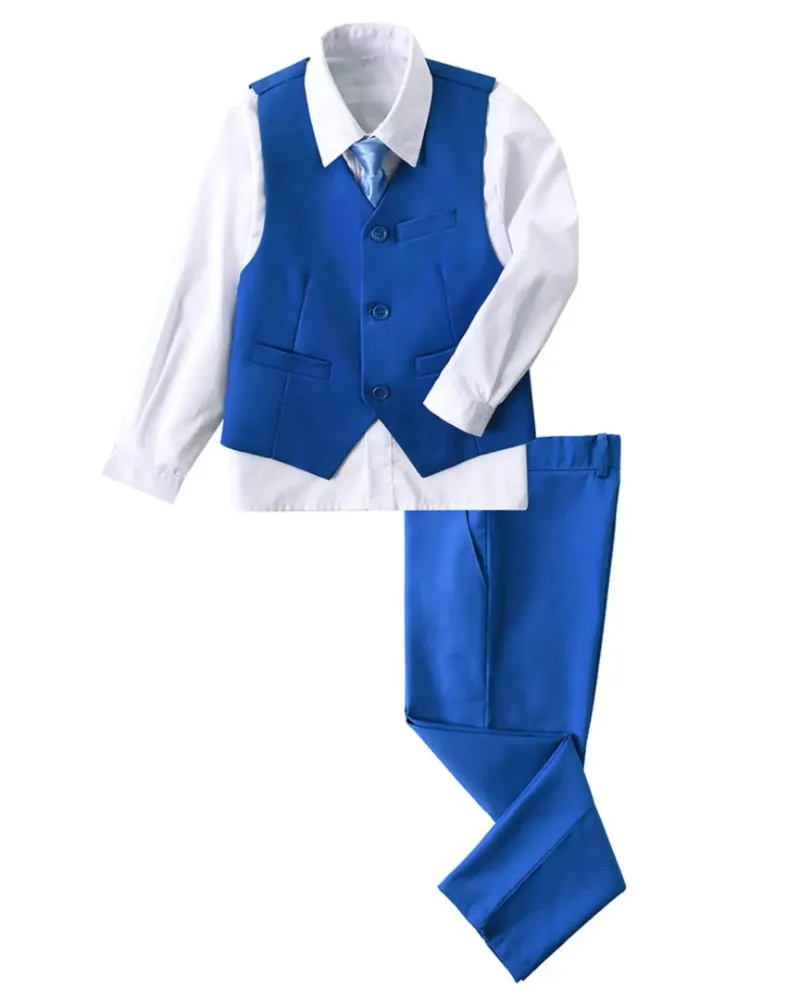 Wehilion Boys 4 Piece Suit formal wedding outfit with vest, pants and tie in royal blue
