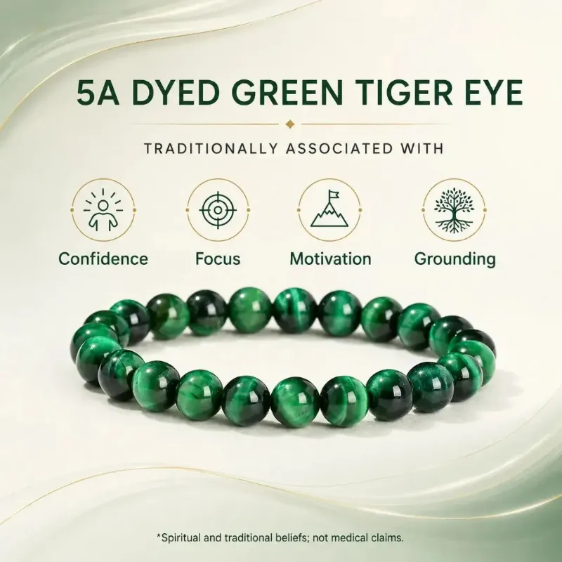Hairsofly Shop 5A Green Tiger Eye Stone Bracelet, green beads with shimmer on stretch cord