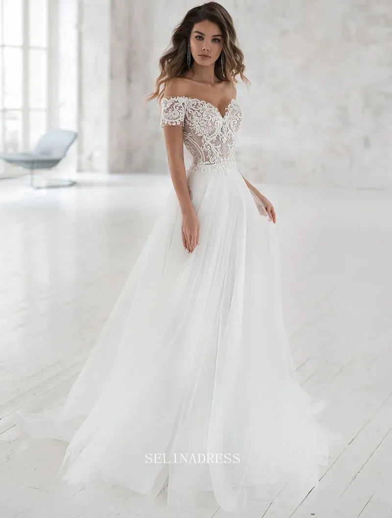 Selinadress A Line Off The Shoulder Appliqued Bride Dresses Elegant Lace Wedding Bridal Gowns