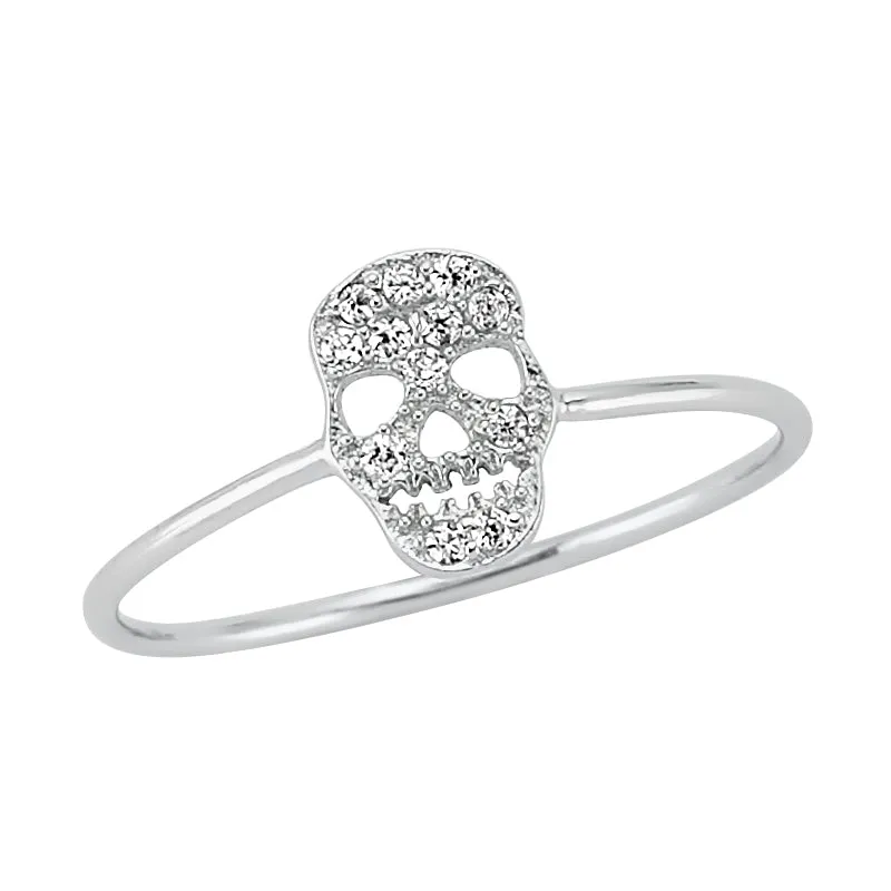 Amorium Jewelry Dainty Delicate Simple Silver Skull Ring with CZ crystals on sterling silver band