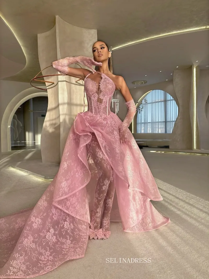 Selinadress A-line Halter Pink Lace Long Prom Dress Evening Dress TKL623 with corset bodice and dramatic train