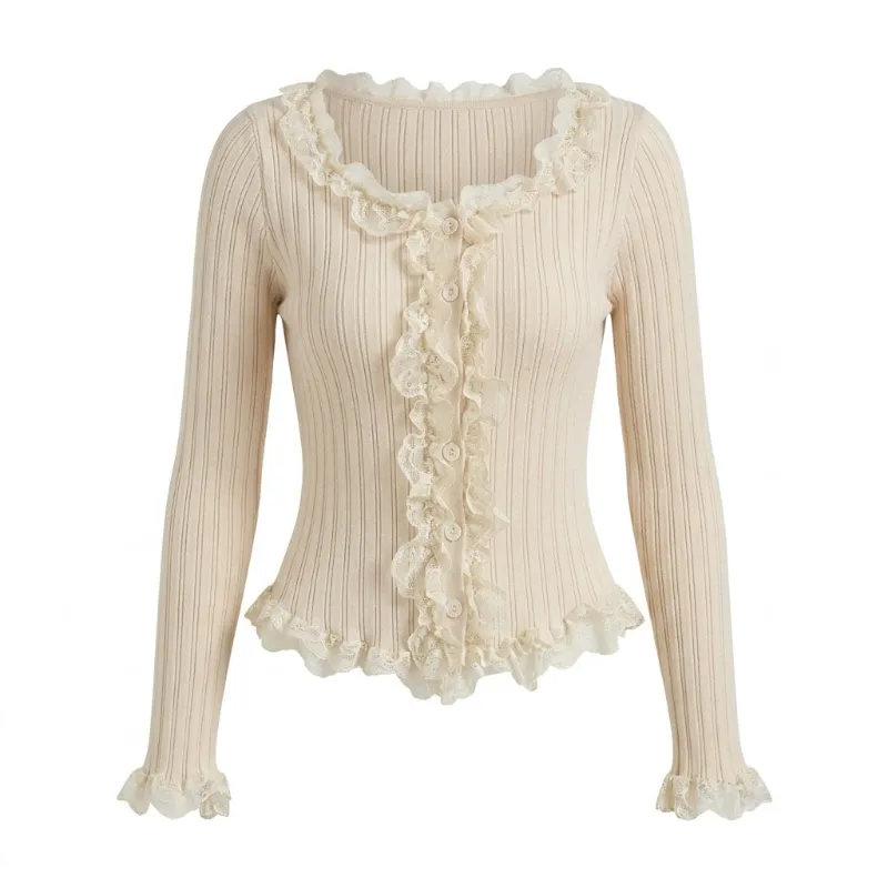 Cottagecore Clothes Cottagecore Lace Ruffle Ribbed Cardigan with button front and lace trim