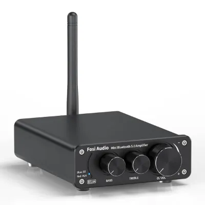 Fosi Audio BT10A Bluetooth Amplifier with antenna and control knobs on aluminum chassis