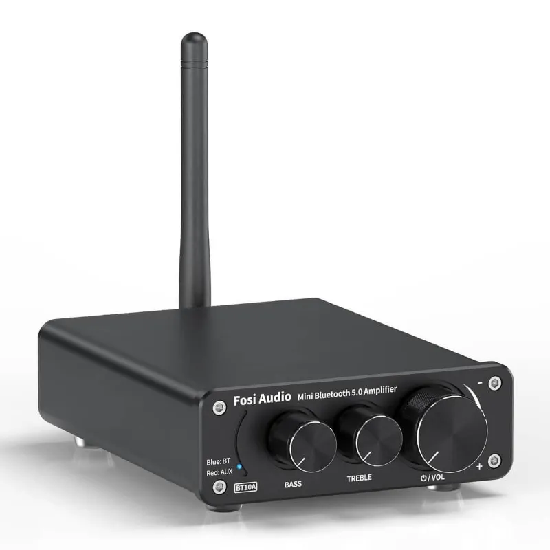 Fosi Audio BT10A Bluetooth Amplifier with antenna and control knobs on aluminum chassis