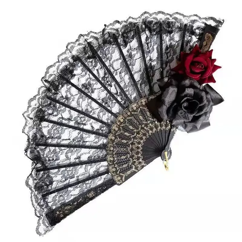 Foxtume Lolita Rose Black Lace Fan folded with black lace and faux rose details