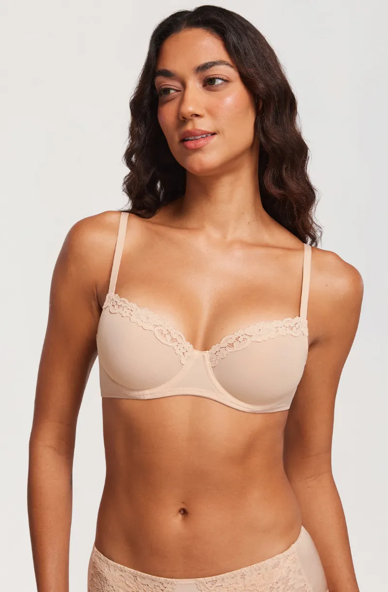 Essenther Global Lacy Mesh Balconette Bra with floral lace trim and underwired demi cups