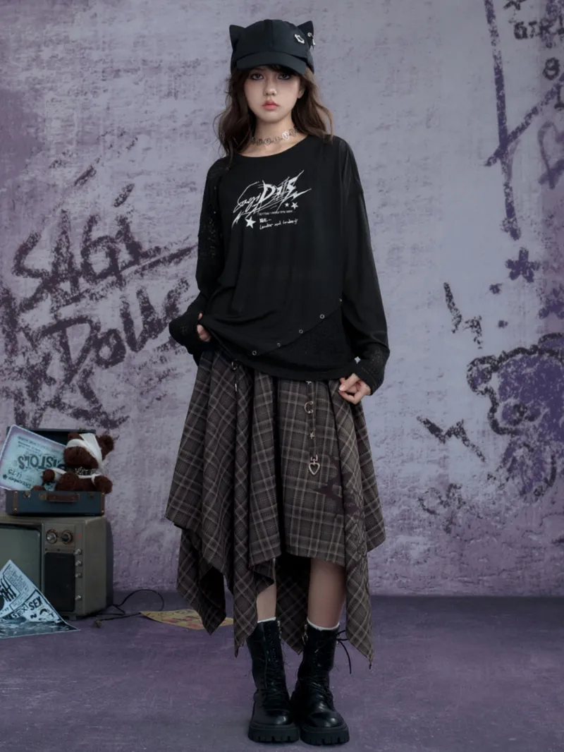 Juwas Asymmetric Hem Streetwear Long Skirt showing the angled hem and flowy silhouette on a model.