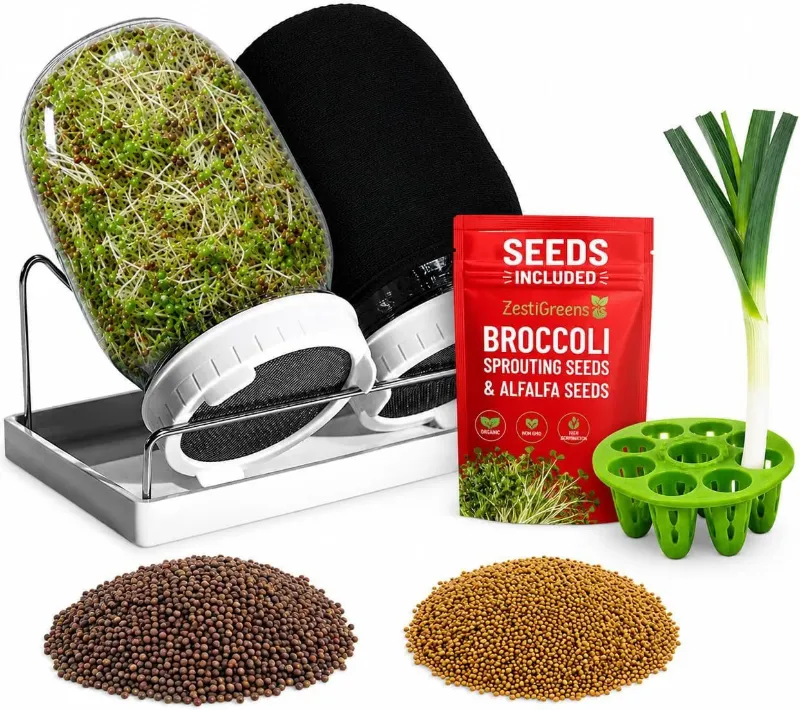 ZestiGreens Sprouting Jar Kit 2 Mason Jars with Broccoli Alfalfa Seeds shown with jars, stand, and seed packets