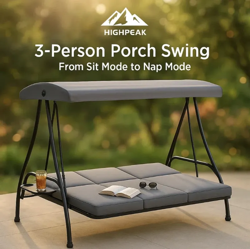 HighPeak 3-Person Porch Swing with canopy on a sunny patio